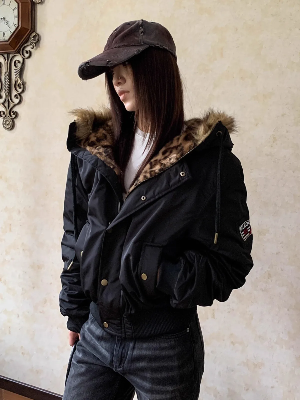 

American Sle Parka Coat with Thiened Fur Collar Men's Red Star Sve Patched Windproof Dstring Casual Cotton Jaet