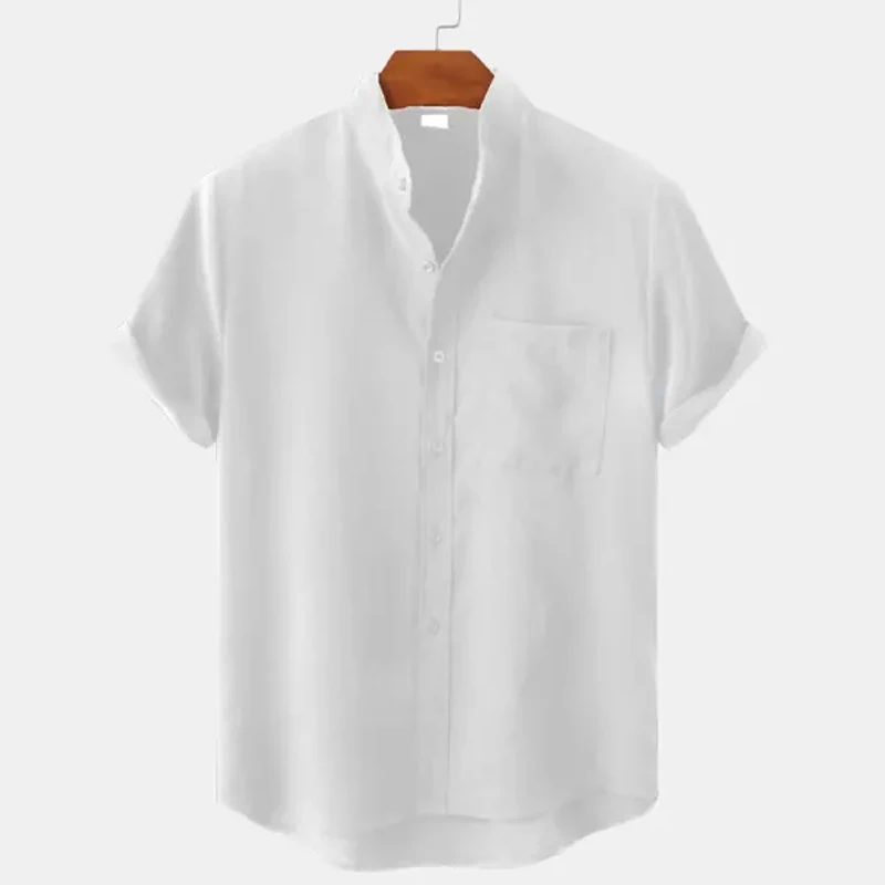 Men's summer simple style solid color linen shirt plus size men's T-shirt retro Hawaii beach casual fashion short-sleeved shirt