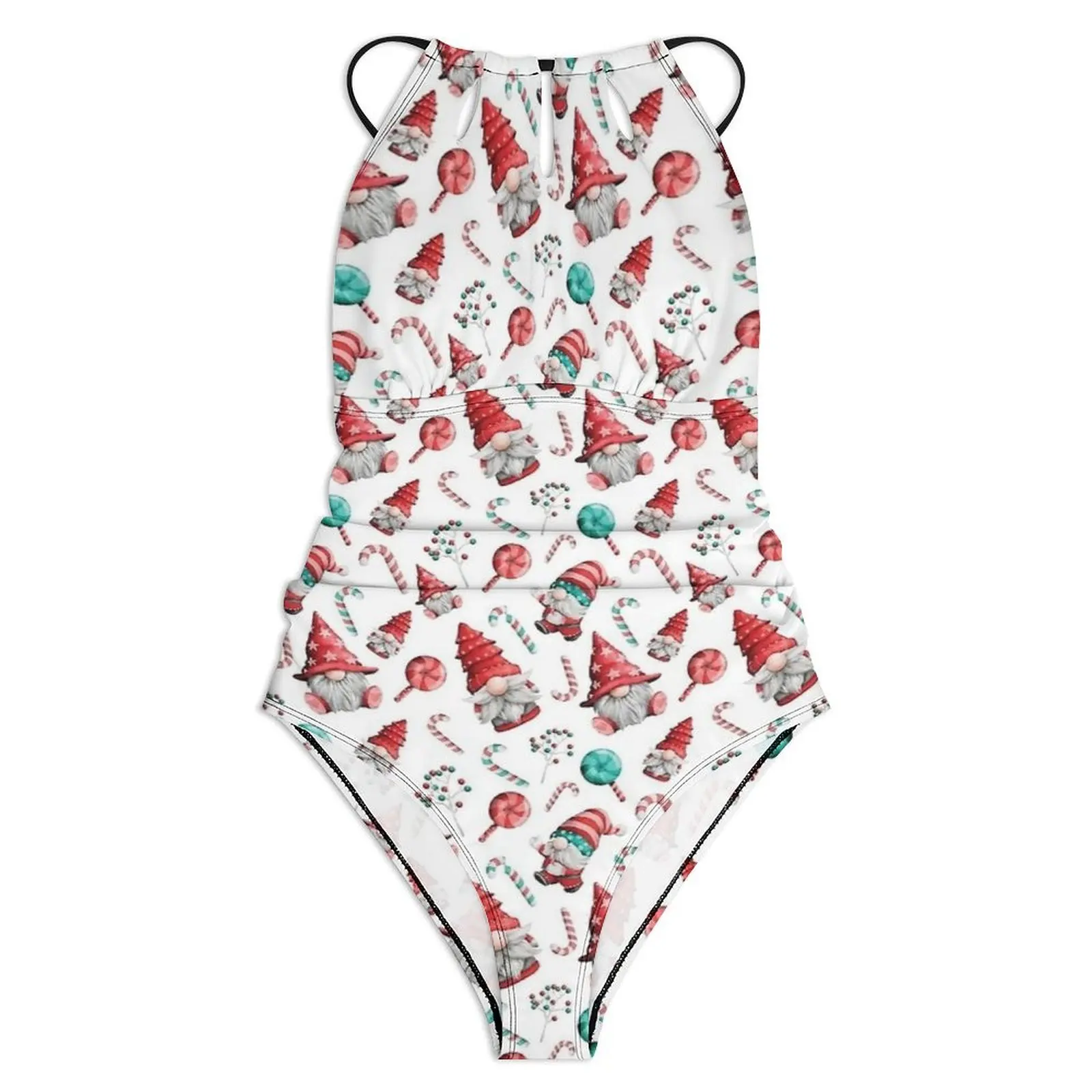 Christmas Gnomes Cute Swimsuit Swimwear One Piece Holiday Swim Bodysuit Halter Bathing Suit Female Push Up Sexy Beach Outfits