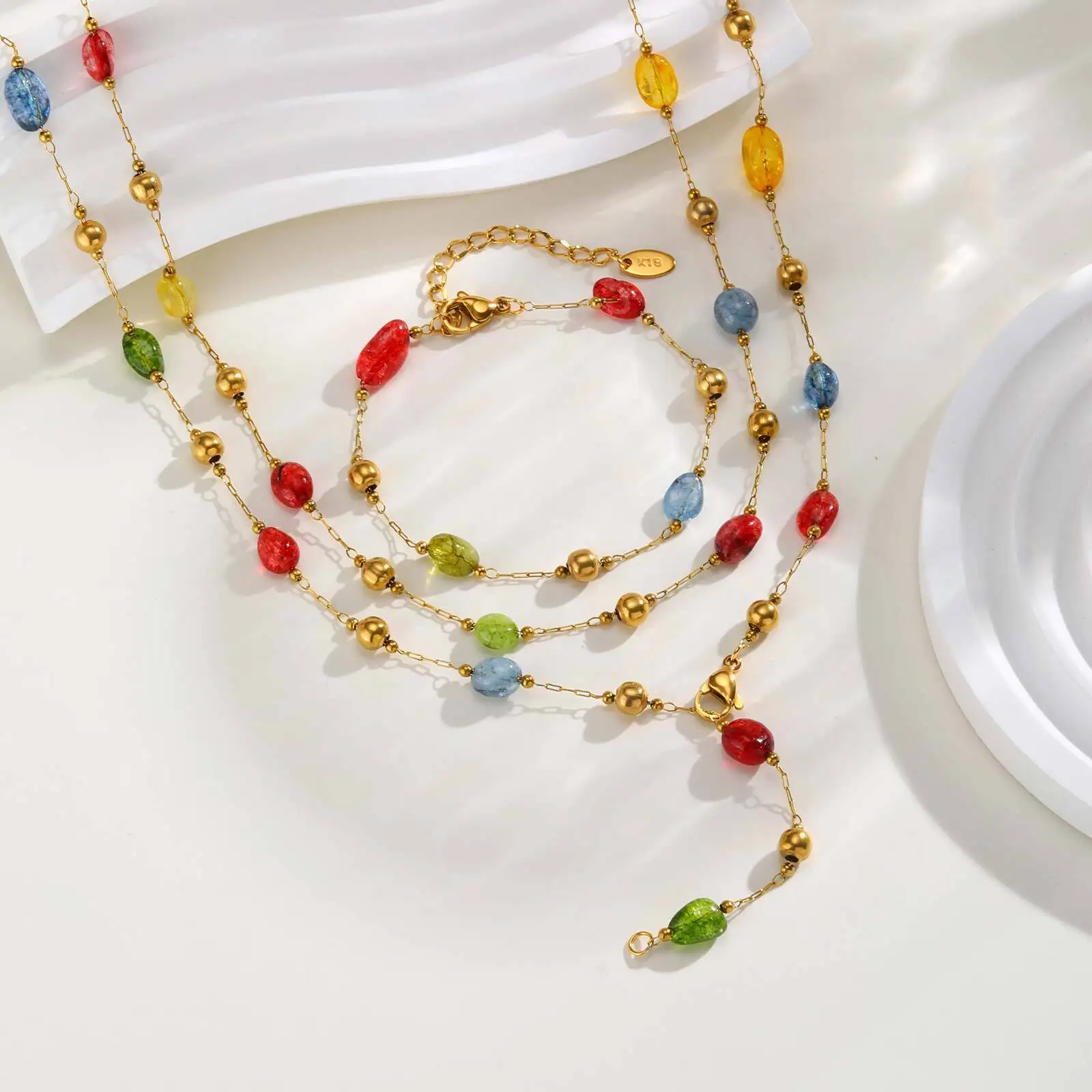 Lariat Y-drop Long Necklace for Women, Multipcolor Nature Stone Pendant, Stainless Steel Chain Adjustable Jewelry