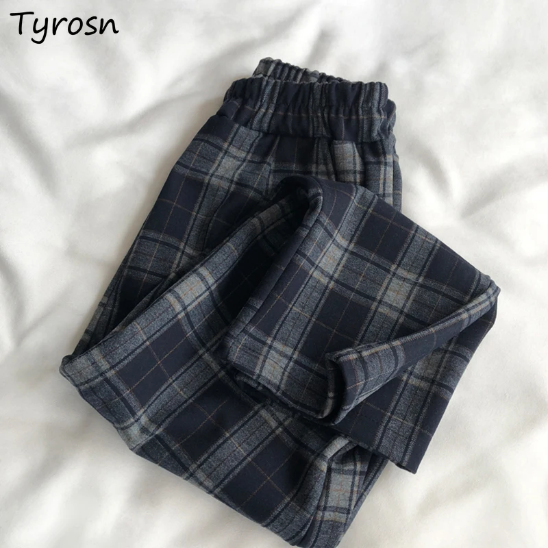 Plaid Casual Pants Women Vintage Streetwear Loose Ankle-length Trousers Joggers Elastic Waist Straight Pant Teens Korean Fashion