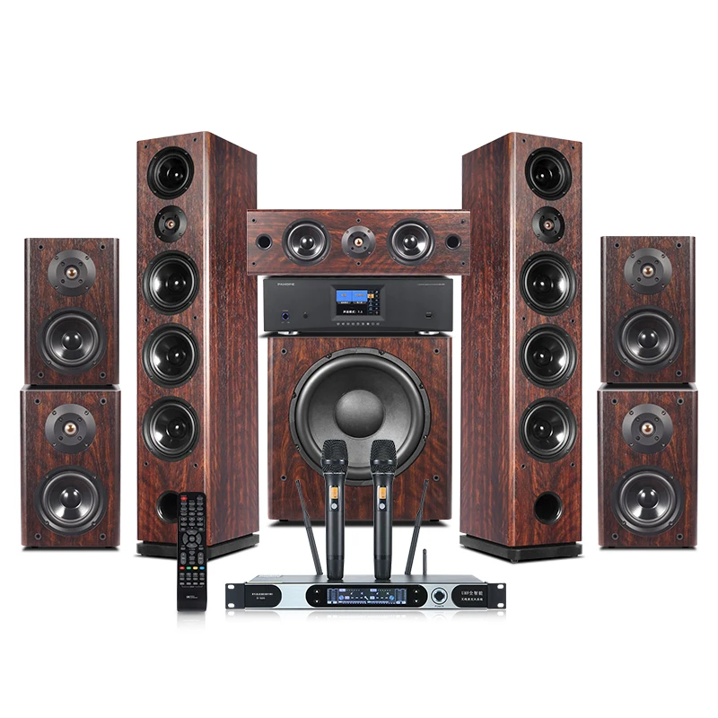 7.1 Tower Home Theater System Surround Sound Wooden KTV Karaoke Sound Set Digital Amplifier Supports 3D/8K ATMOS
