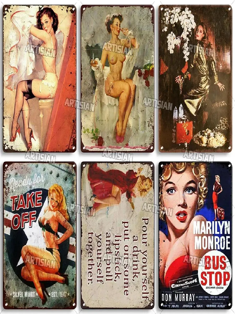 ARTISIAN Vintage Pin Up Girl Metal Tin Sign  Retro Home Decor Wall Plaque for Bar Studio Club  Decorative Poster Plate for Wall