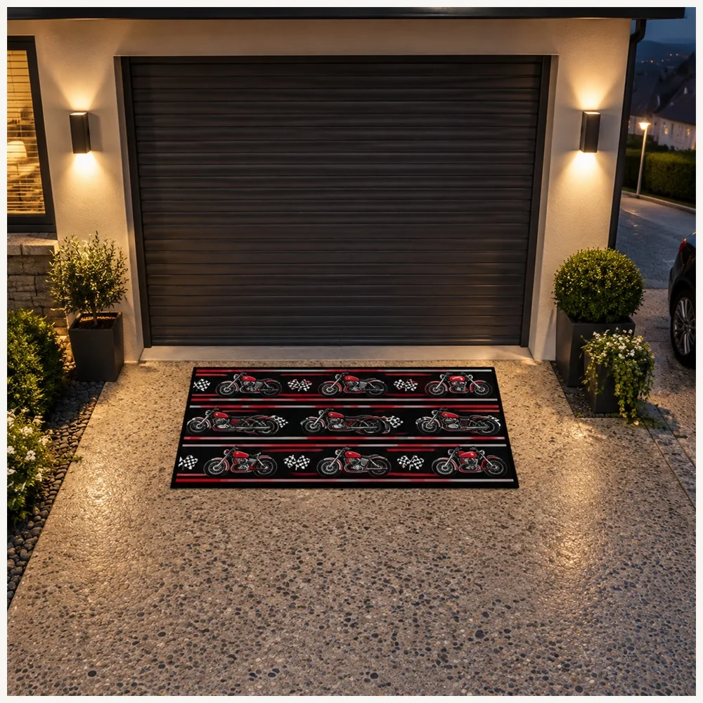 VIKAMA Racing Track Black Red Cruiser Motorcycle Flannel Door Mat, Non-Slip Washable Door Mat, Garage Decor for Home, Entryway