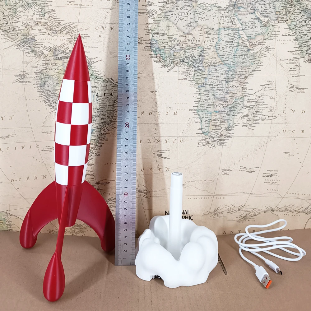 37CM 3D Print Creative Belgium France Comic  Moon Aventures Herge Space Rocket Launching Led Light Type C Model Figure Gift