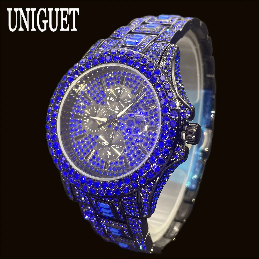 

UNIGUET Fashion Blue Diamonds Watch For Men Luxury Stainless Steel Auto Day Quartz Watches Man Hip Hop Iced Out Wristwatch Gift