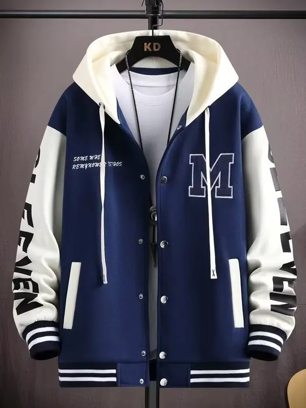 

Casual Hooded Baseball Jaet for Teenage Boys High School Students Thiened Fce Lined Loose Fit Polyester Blend Coat