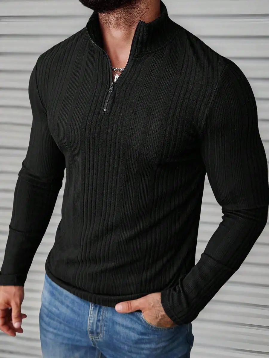 Men's Black Ribbed Half-Zip Long Sleeve Top for Casual & Outdoor Wear