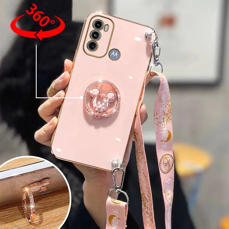 Creative Cute Cartoon Holder Lanyard Plating Phone Case For Motorola Moto G60 G30 G60S G32 G53 G42 G52 G72 G73 G22 G20 G50 Cover