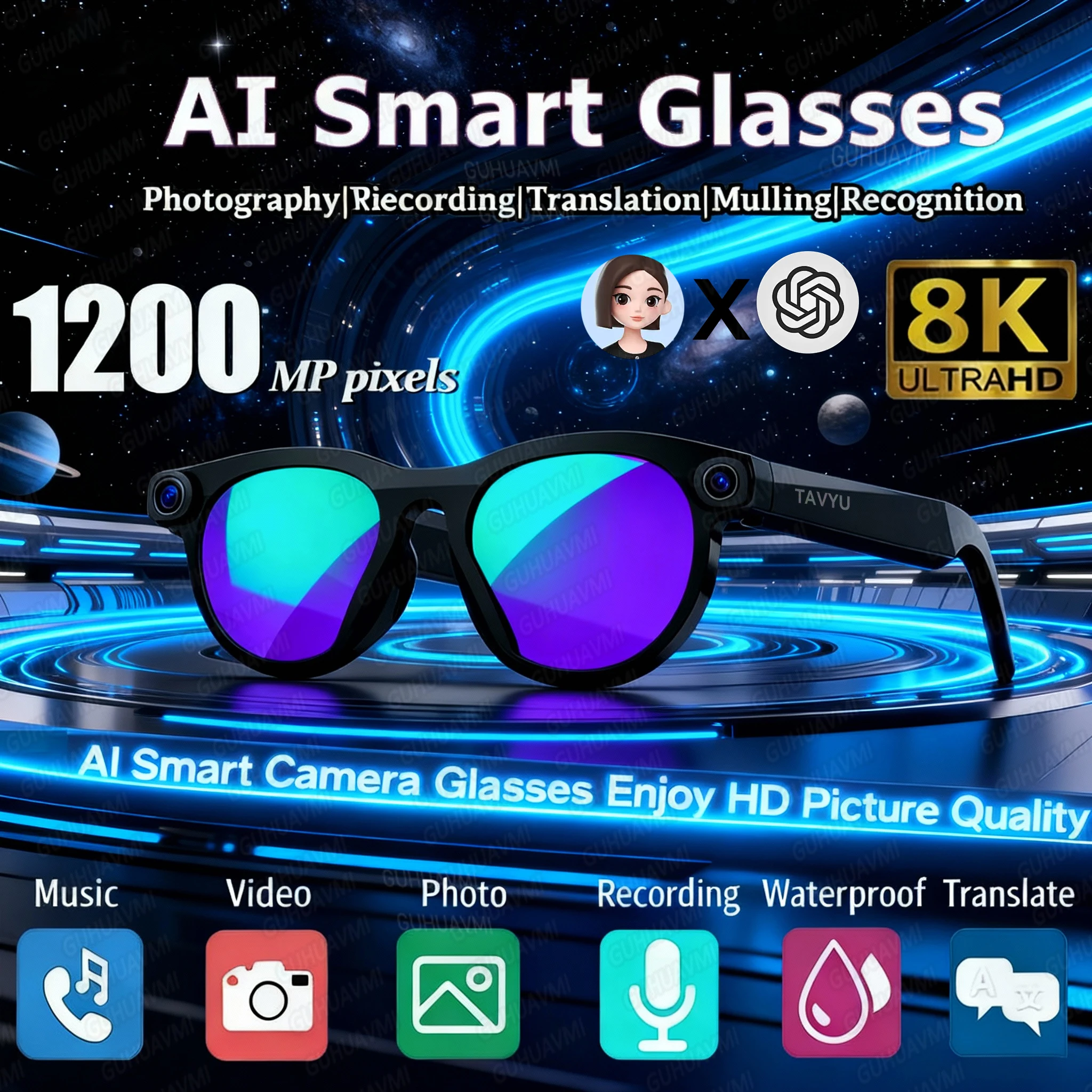 

800W AI Smart Camera Sunglasses 3in1 lens ChatGPT Translation Voice Control WiFi Bluetooth HD1200P Shooting Intelligent Glasses