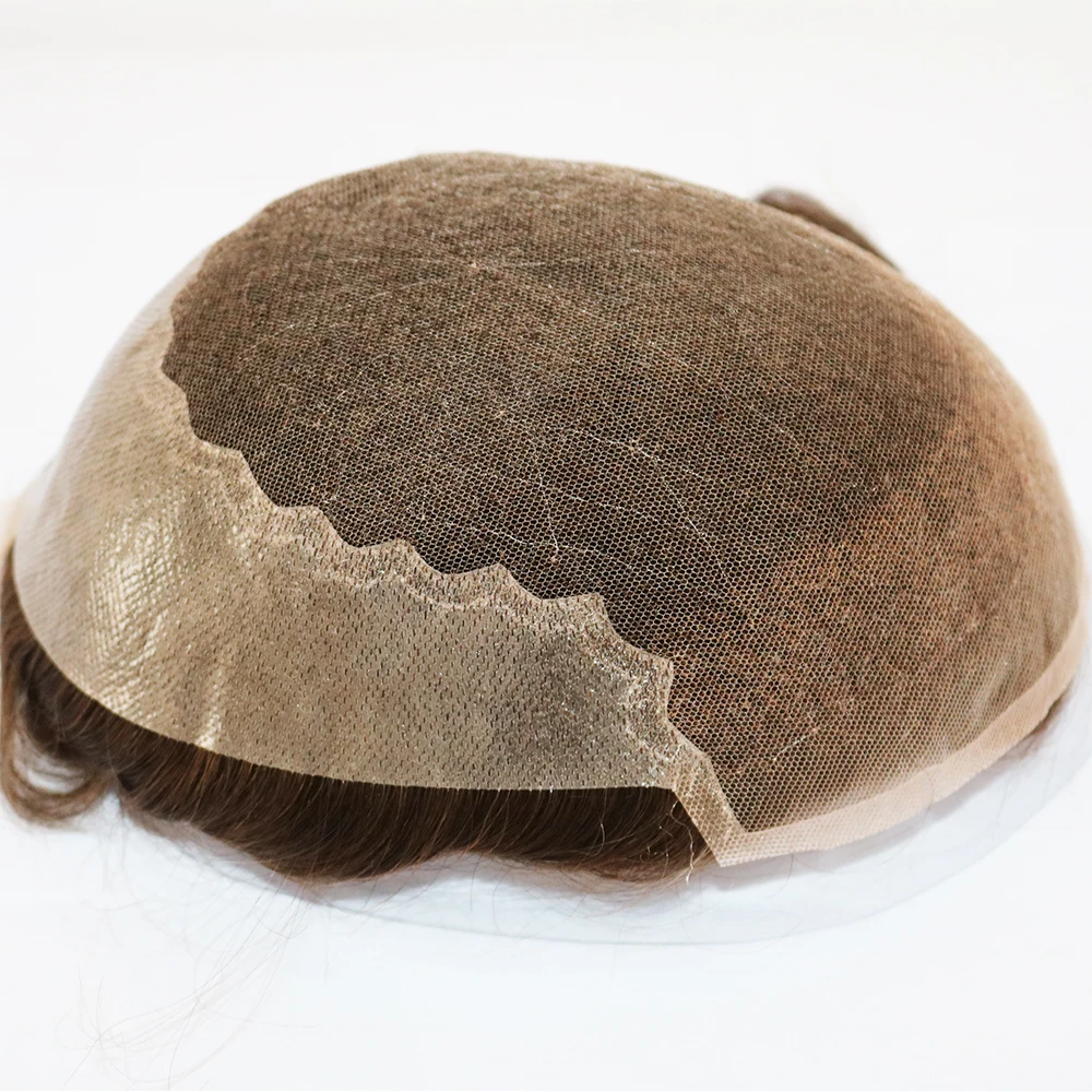كثافة 110%-130% # 4 # 6 # 7 شعر بشري هندي 100% بني فاتح، دانتيل سويسري ناعم وشعر مستعار للرجال # 20 # 22 شعر أشقر بني فاتح
