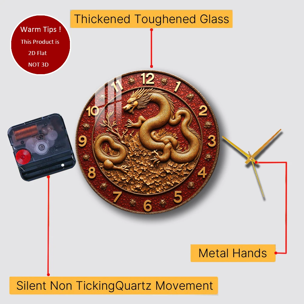 Tempered Glass Wall Clock Golden Dragon Clock Design Suitable For Wall Decor or Tabletop Display Anywhere