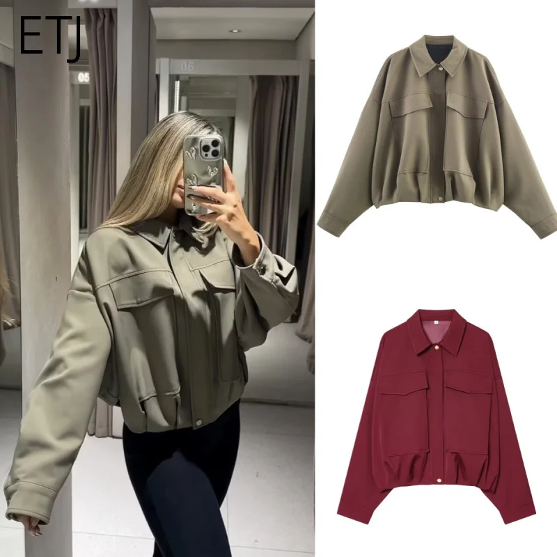 ETJ 2025 منتجات جديدة للربيع والخريف للسيدات سترة ذات طية صدر السترة مزخرفة بجيب كبير وحاشية مطوية نسخة فضفاضة سترة منفوخة