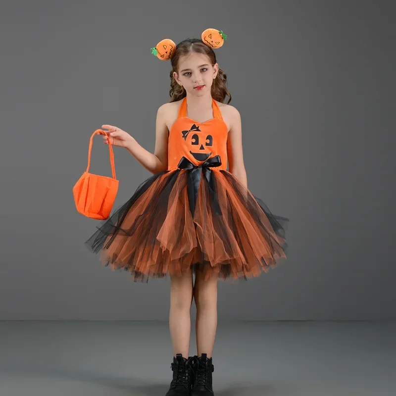 RT01 disfraz de bruja Cosplay de Halloween para niñas, Vestidos de carnaval de calabaza naranja, vestido elegante de bruja infantil, conjunto de ropa, sombrero * JK2