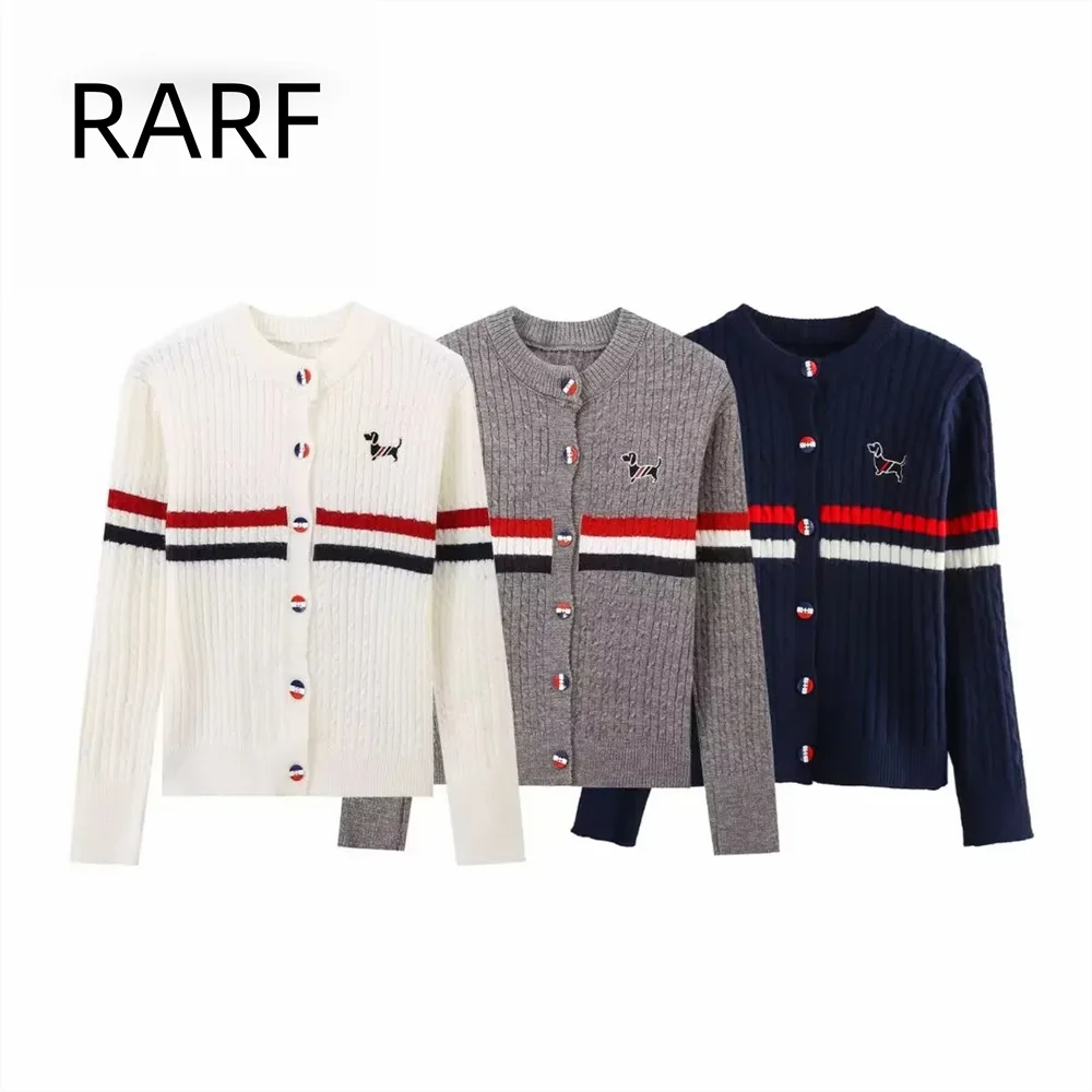 

Autumn and winter new design cardigan sweater with contrasting stripes stylish and anti-aging base knit top