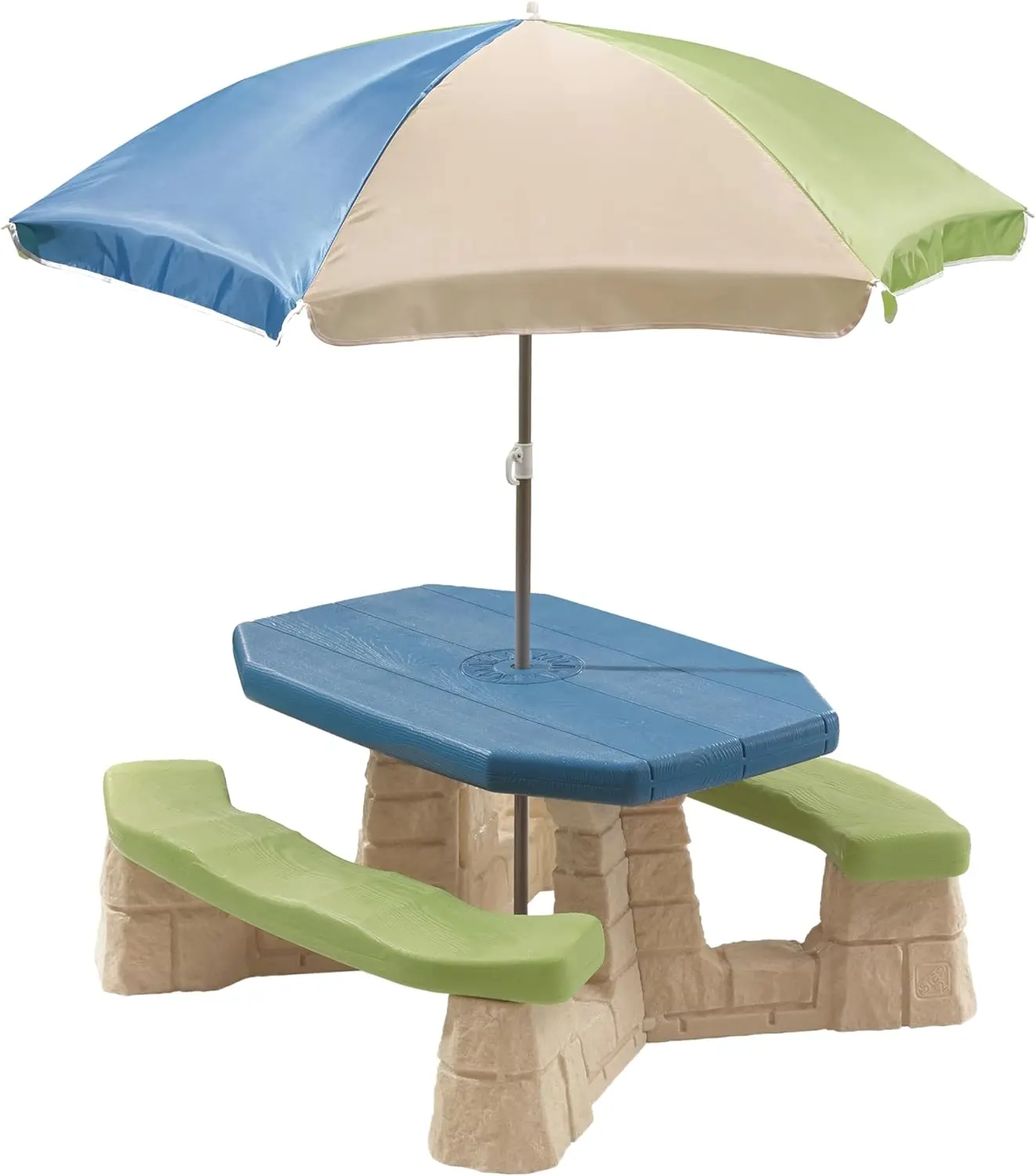 

Kids Picnic Table with Removable Umbrella, Indoor/Outdoor Toy for 6 Children, Durable Plastic for Toddlers 3+, Blue & Green