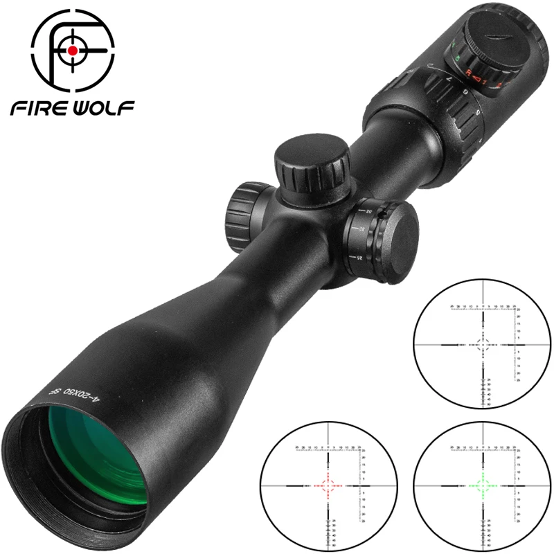 Fire Wolf 4-20X50 SF Riflescope Hunting Optics Scopes Adjustable Red Green Dot Reticle Scope Illuminated Crosshair Sight