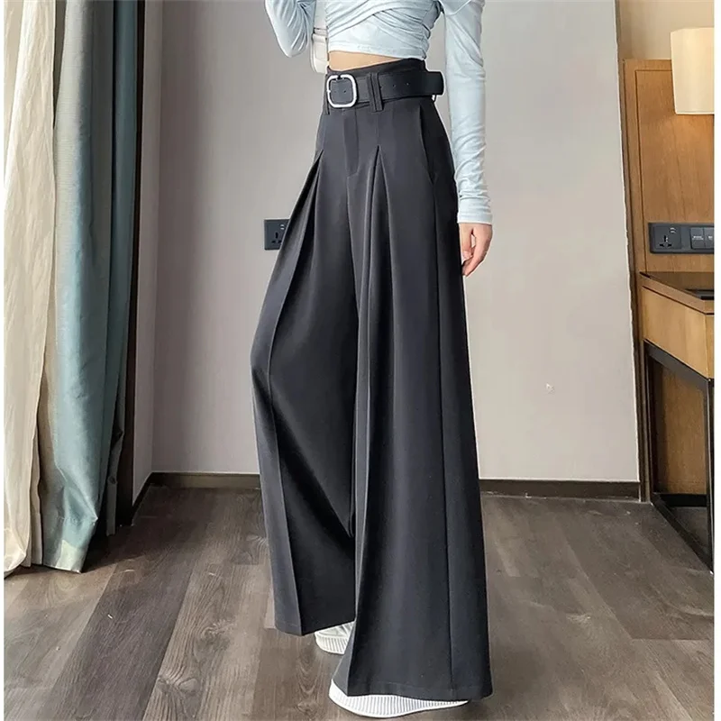 

2024 Summer Casual Suit Pants Elegant OL Women Wide Leg Pant Solid Loose Straight Trouser Oversized High Waist Pantalon Palazzo