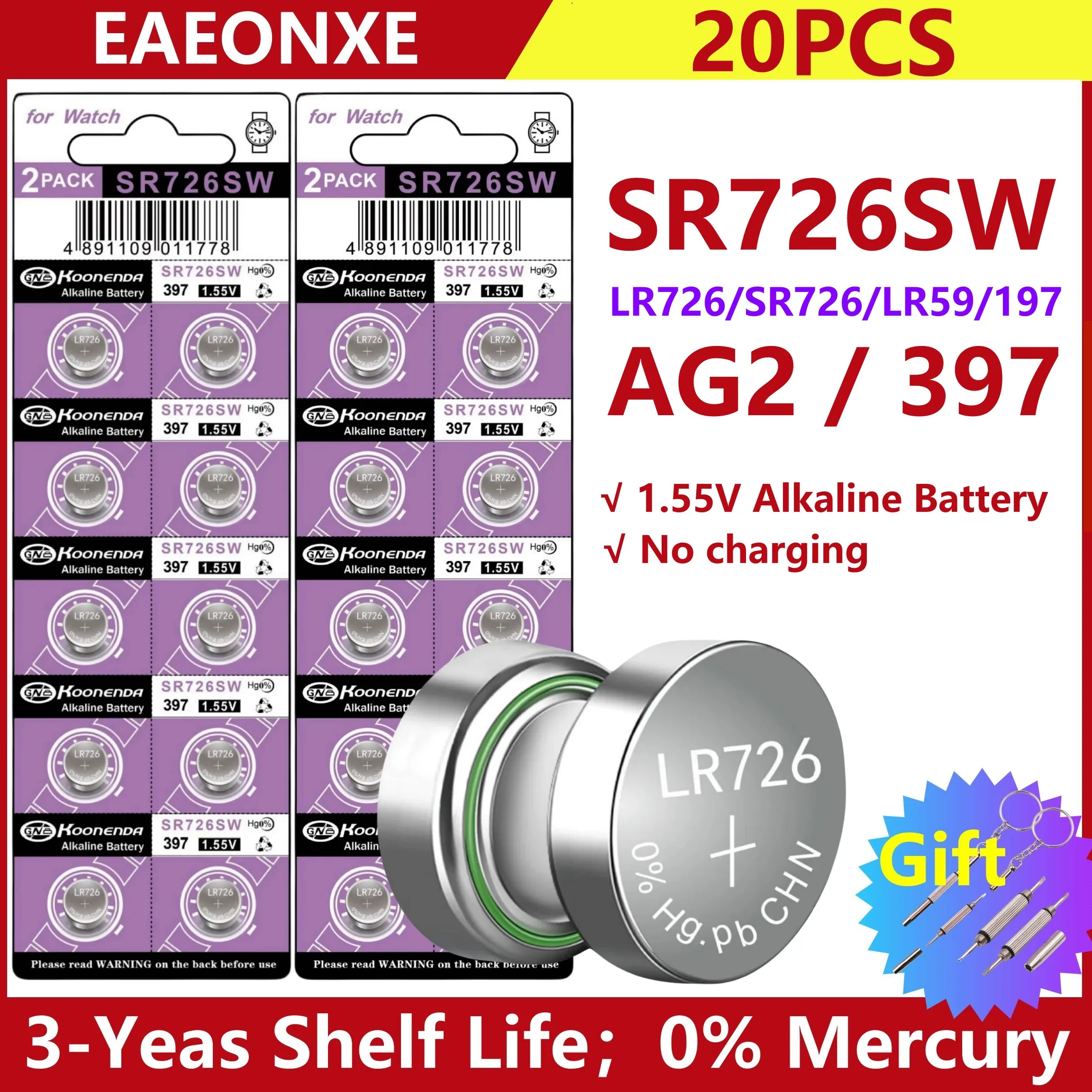 

20PCS 28mAh AG2 LR726 Button Pilas Batteries SR726SW CX59 LR59 SR59 397 396A G2A G2 1.5V Alkaline Cell Coin Battery