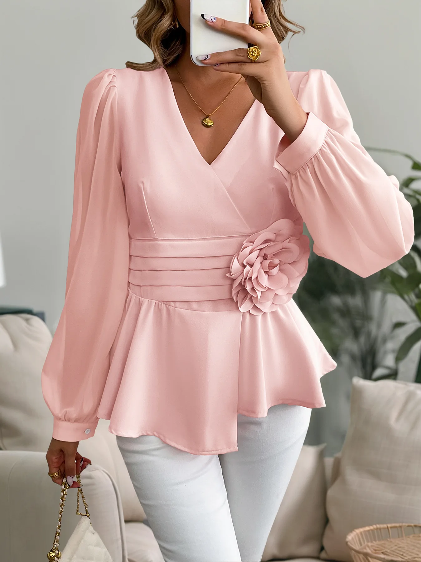 2025 High-End Elegant Work Clothing Waist V Neck Stereo Floral Shirt Top for Women Pink Elegant Dinner Fashion Outfit