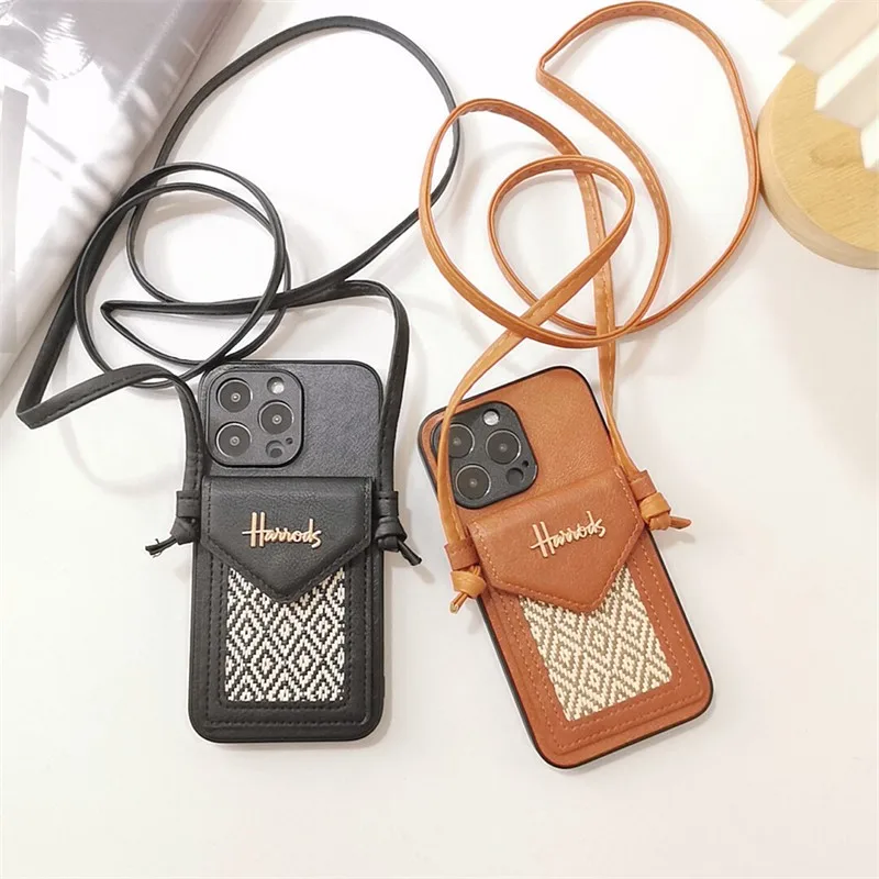 

Luxury Diamond Shaped Card Bag Leather With Lanyard Phone Cover Case For Iphone 15 14 13 12 11 Pro Max Xr Max Hard Coque Fundas