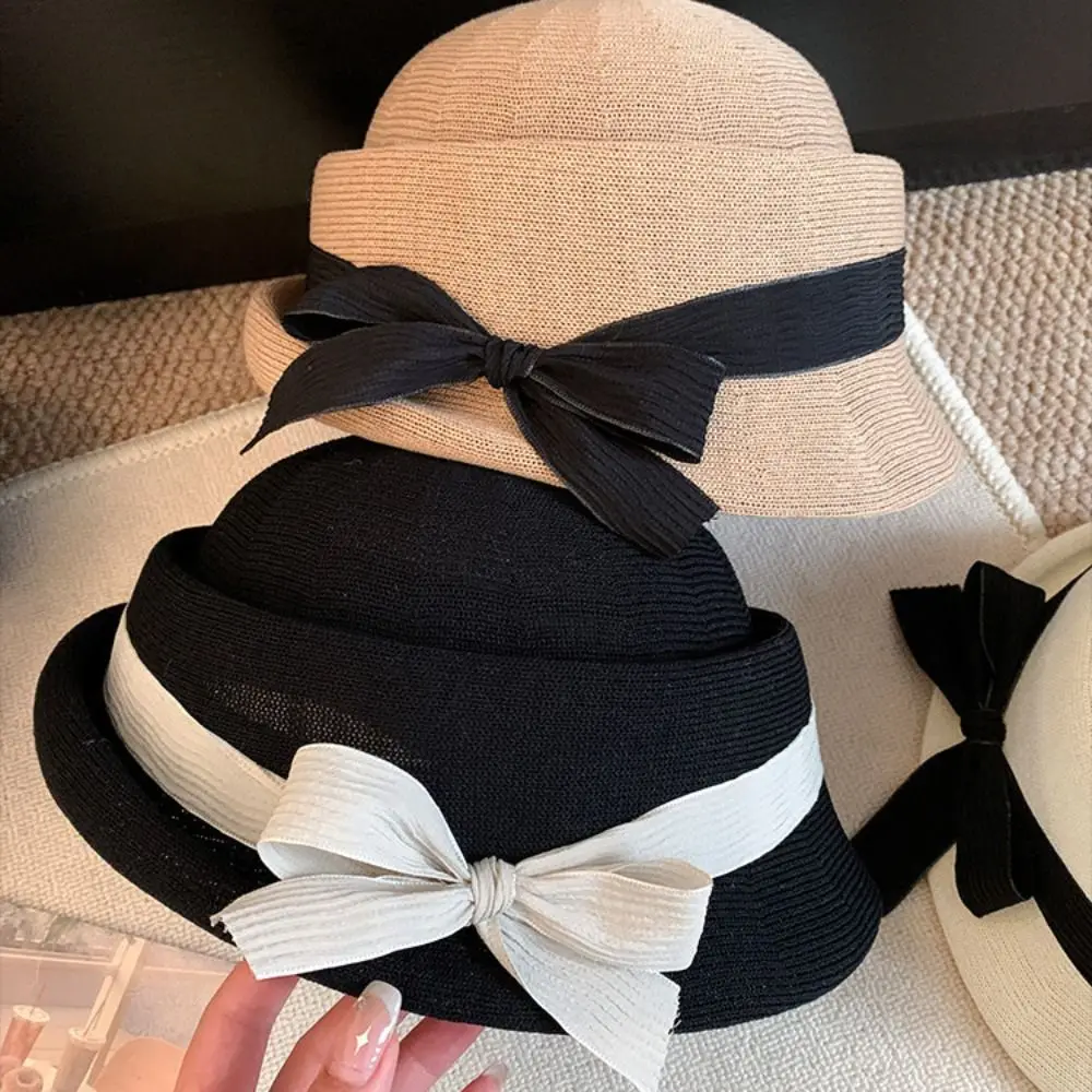 

Retro Bowknot Bow Topper Hat Weave Thin Hepburn Style Formal Hat French Style Elegant Fisherman Hat Spring Summer