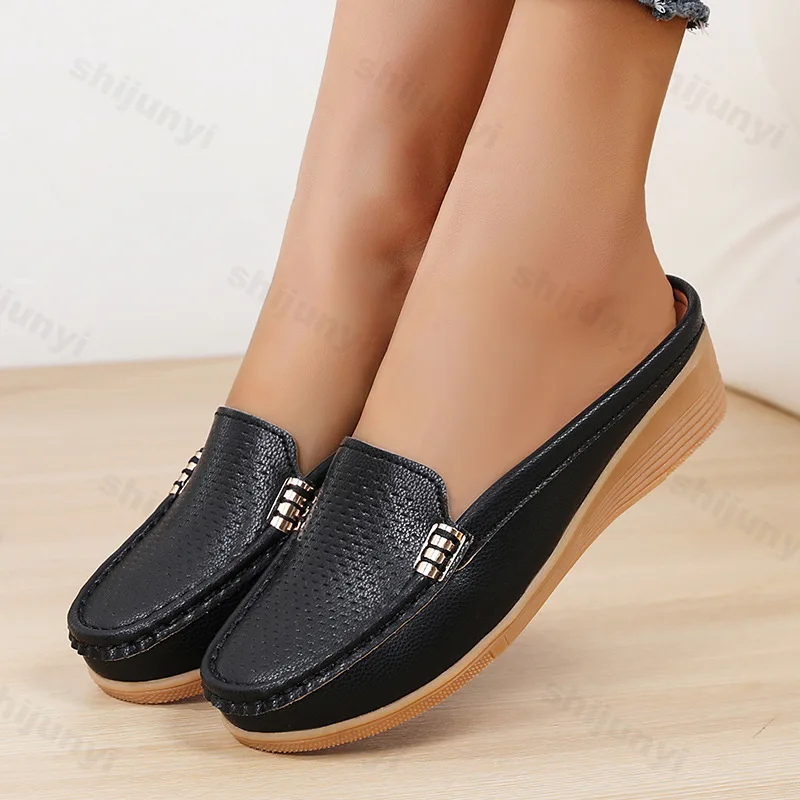 

Women Half Slippers Casual Shoes Hollow Out Lady Half Lofers Pu Leather Flats Moccasins Women Luxury Brand Zapatillas Mujer