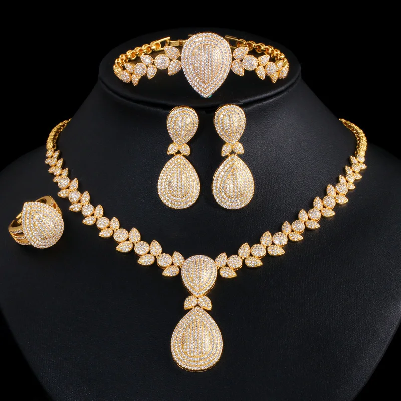 ThreeGraces 4pcs Vintage Cubic Zirconia African Dubai Gold Color Luxury Bridal Wedding Banquet Jewelry Set for Women T0939