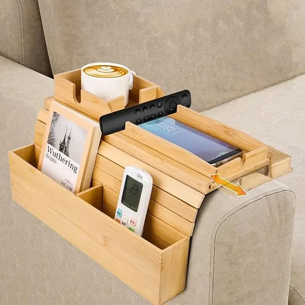 Bamboo 2-in-1 Foldable Sofa Arm Tray with Cup Holder, Fits 5.5'-10.5' Armrests, Anti-Fall Table for Drinks, Phone, Snacks