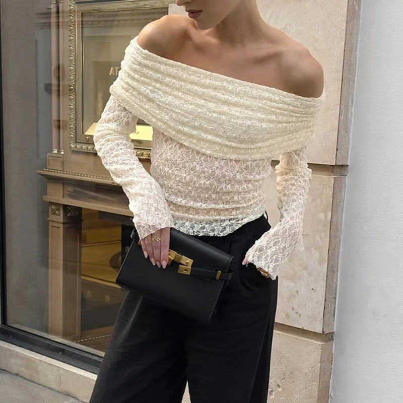 

Tuularose Sexy One Shoulder Top Women Fashion Hollow Out See-Through Pleated Lace Top Elegant High Street Party Slim Female Tops