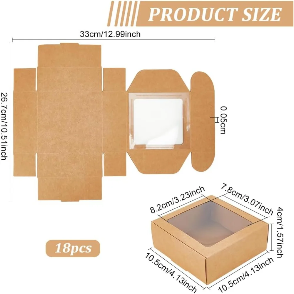 18 Packs 4x4x1.6 Inch Brown Kraft Paper Box with Clear Windows Foldable Paper Gift Box Goodies Candy Box Dessert for Party W