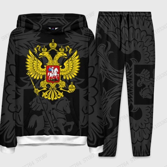 

Осенне-зимний мужской комплект с капюшоном и брюками, русский флаг, эмблема, 3D принт, толстовка + брюки, комплекты из 2 предметов, мужской и женский модный спортивный костюм, костюм