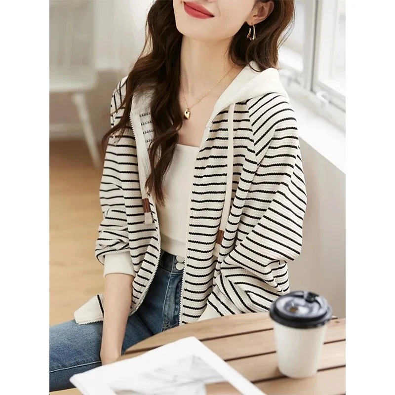 Women Autumn Fashion Office Lady Loose Striped Cardigan Long Sleeve Hoodies Women Clothes Casual All-match Appear Thin Jacket