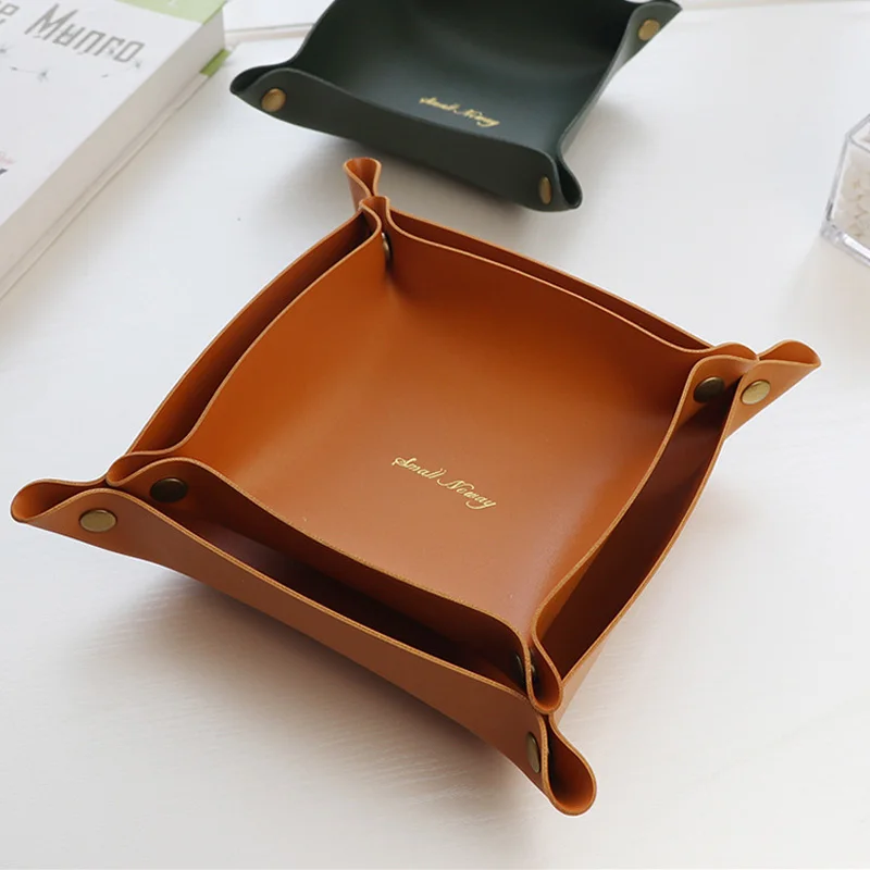 Desktop Storage Tray PVC Leather Key Jewelry Cosmetic Storage Plate Desktop Organizer Home Decoration Folding Storage Box