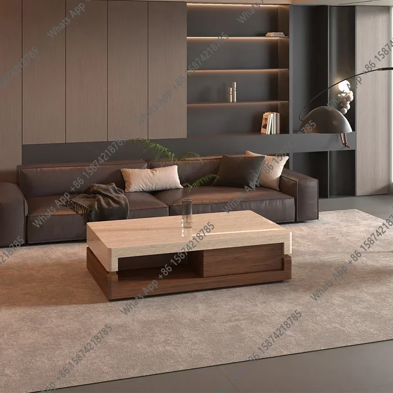 Sp bN New Walnut & Travertine Coffee Table Minimalist Luxury Design Heat & Scratch Resistant Artisan Custom Furniture. X