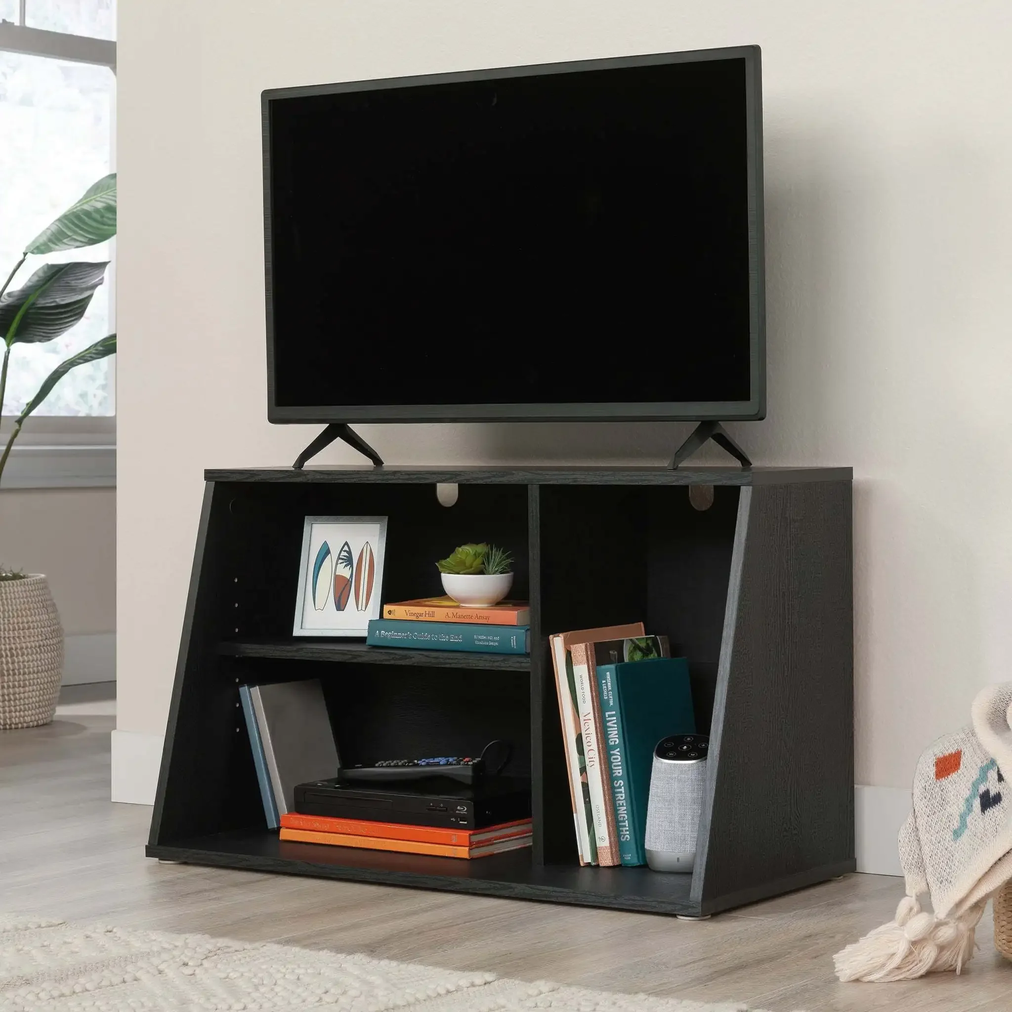 最大32インチのテレビに対応するテレビスタンドコンソール、ブラック仕上げ、垂直コンポーネントに対応する調節可能な棚