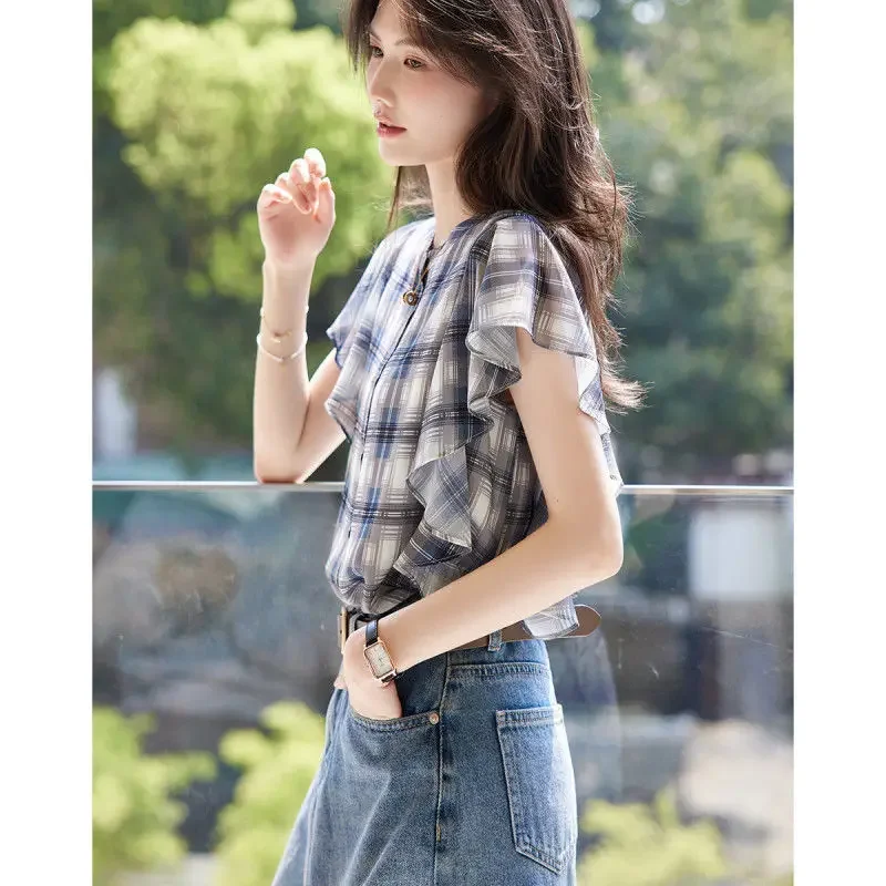 With Short Sleeve Woman Top Ruffle Shirts & Blouses for Women Loose Print Frill Korean Popular Clothes New Collection 2024 M Xl