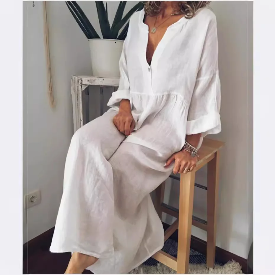 2025 Early Autumn Women's Elegant Solid Color Long Sleeve V-neck Fashionable Long Dress Women's Casual Retro Women's Long Dress