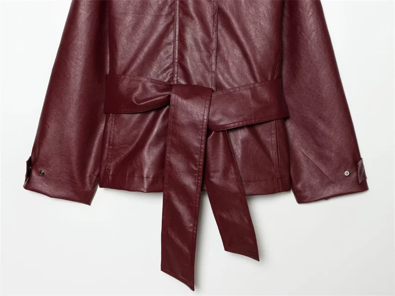 Guobioziy 2026 Autumn Slim Fit PU Leather Jacket Women Belted Waist Stand Collar Coat For Elegant Office Lady Work Wear