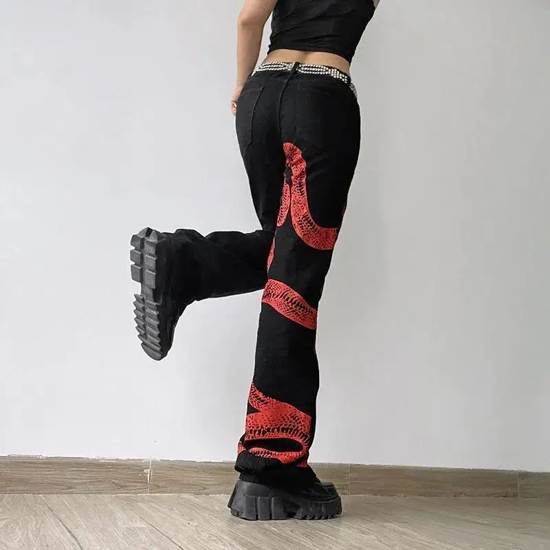 New Black Red Contrast Snake Print Design Harajuku Female Jeans Women Straight Baggy Chic Y2k Streetwear High Waist Denim Pants