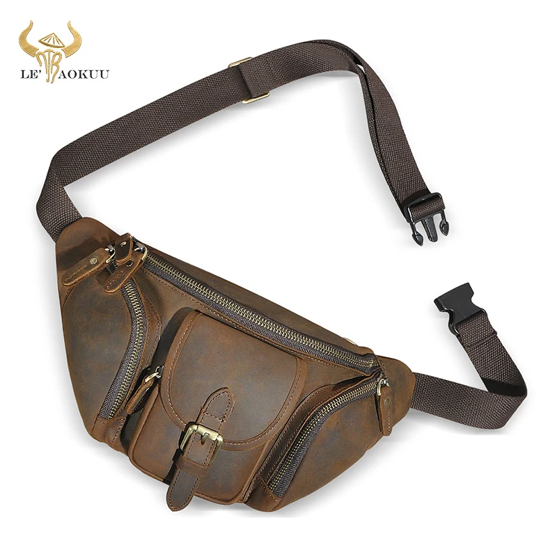 

Genuine Quality Leather Travel Vintage Fanny Waist Belt Bag Chest Pack Sling Bag Design Phone Cigarette Case For Men Male 380