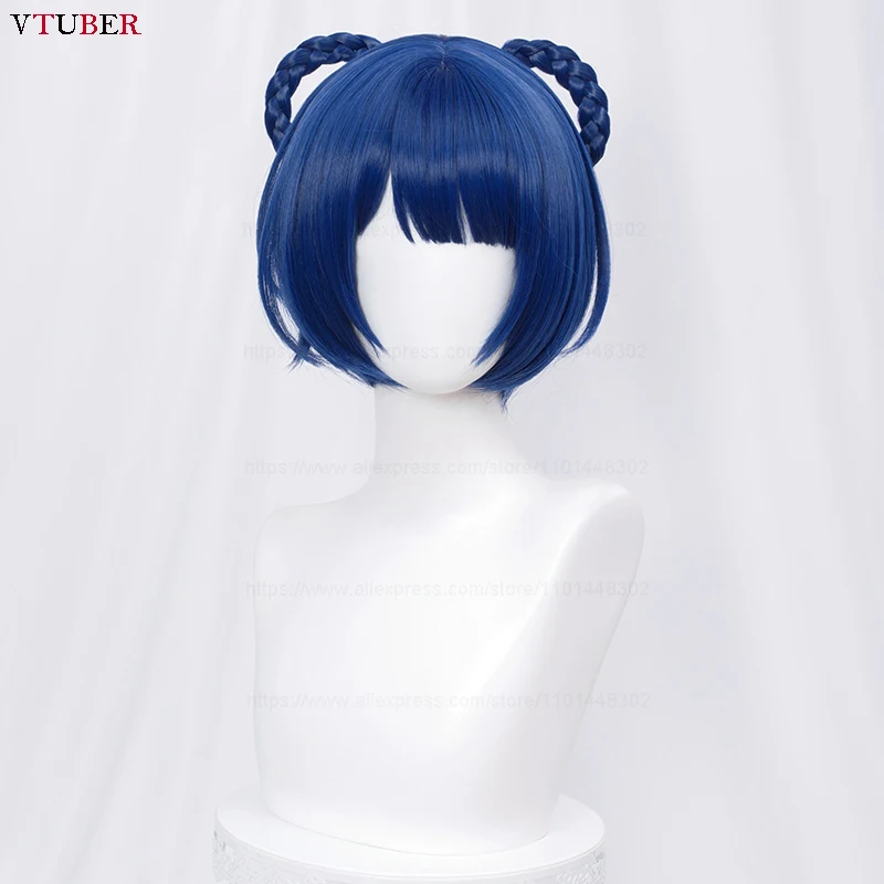 Xiangling Cosplay Wig Game Impact Short Dark Blue Braided Heat Resistant Synthetic Hair Anime Party Wigs + Wig Cap