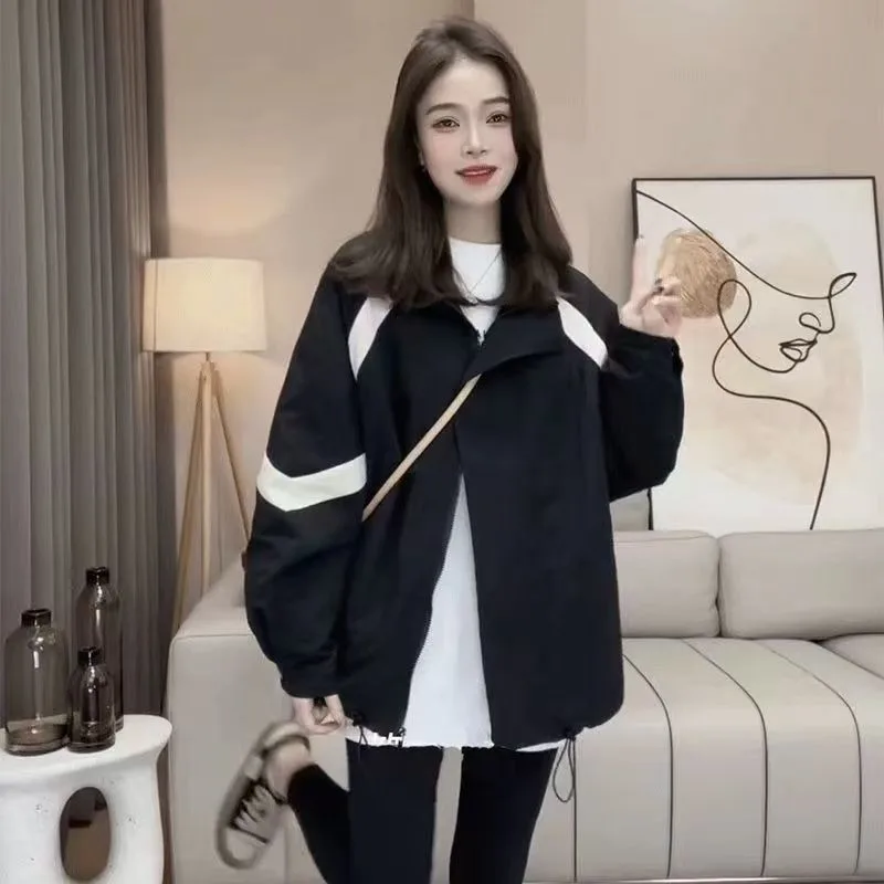 

Autumn and Winter Women's Zipper Long-sleeved Cardigan Contrast Color Casual Jacket Coat Fashionable Top