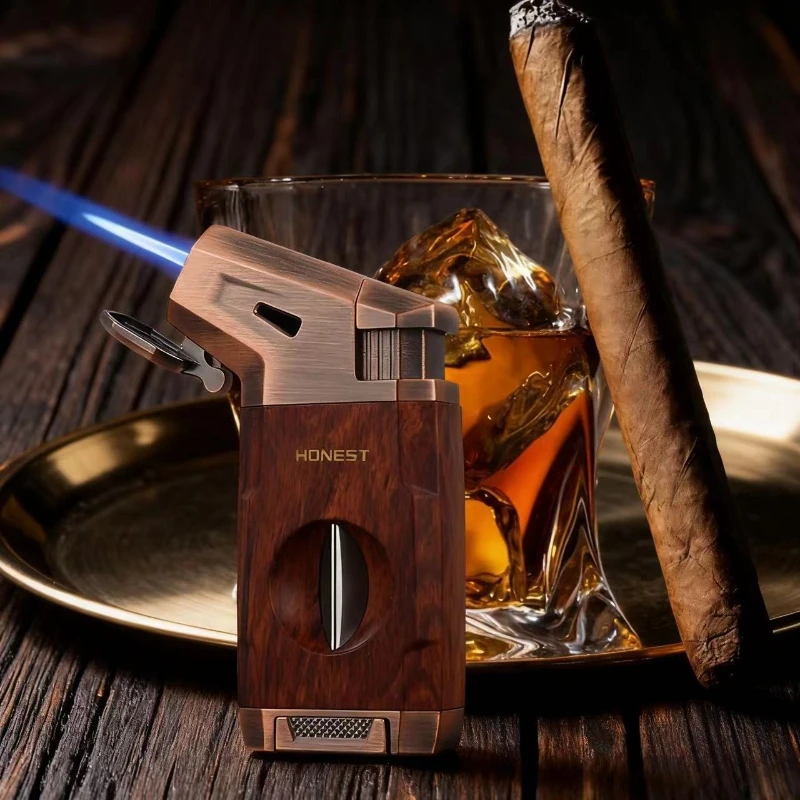 

Hot Sales New Cigar Torch Lighter with V Shape Cutter Luxury Cigar Accessories Windproof Butane Lighters Gift for Smokers