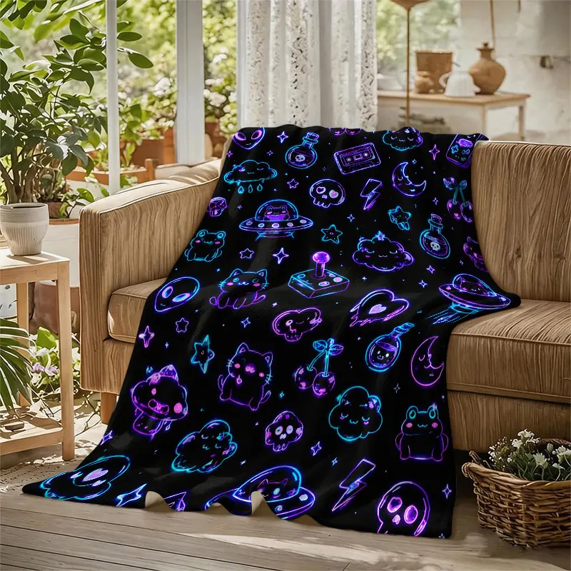 Neon Kawaii Doodles Black Flannel Blanket Perfect for Sofa Office Bed Travel Sleep Read Relax Camping Four Season Use