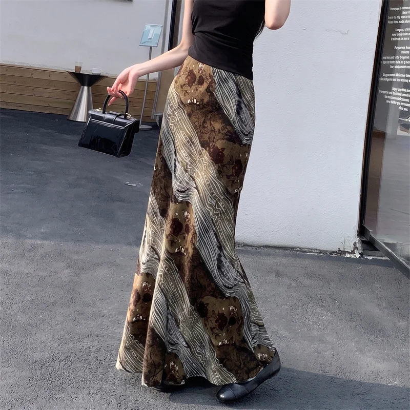 YZJNH 2026 Summer New Skirt Women Blended Flower Lotus Leaf Edge Print Irregular Slimming Fishtail Skirt Half length Skirt