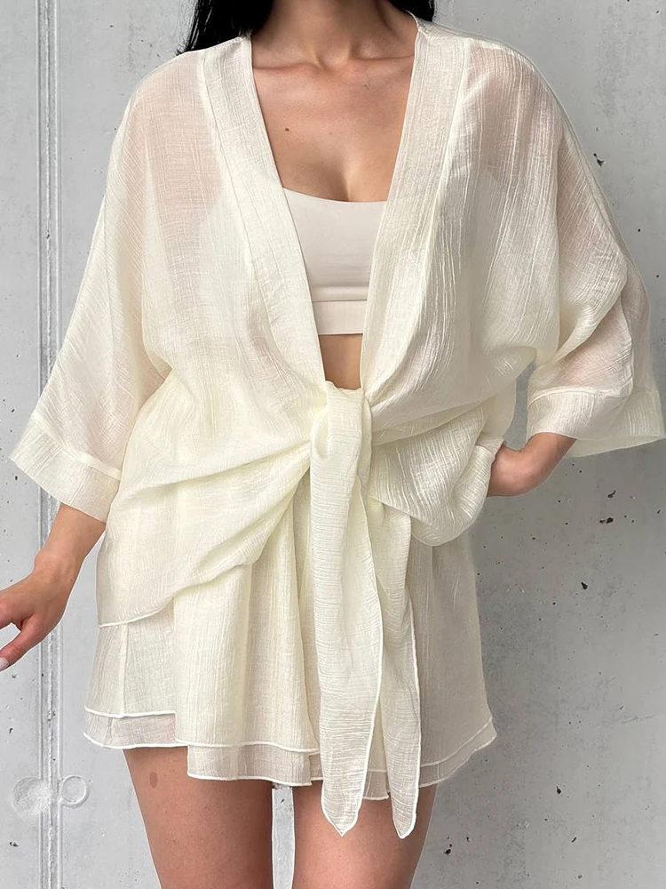 

Hiloc Sexy Apricot Sheer Long Sleeve Plunging Neckline Top Sets Loose Thin Ayered Style Shorts Suits Summer Woman Pajama Outfits