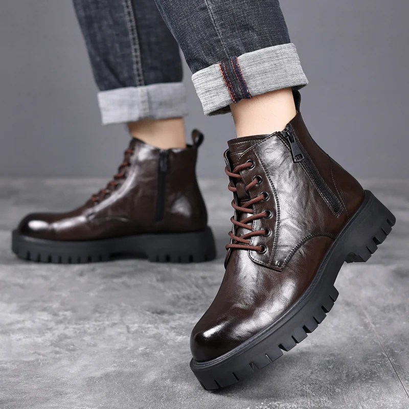 New Men\'s Retro Cowboy Boots Leather Shoes Chelsea Boots High Top Men Platform Boots Male Ankle Boots Autumn Winter Shoes