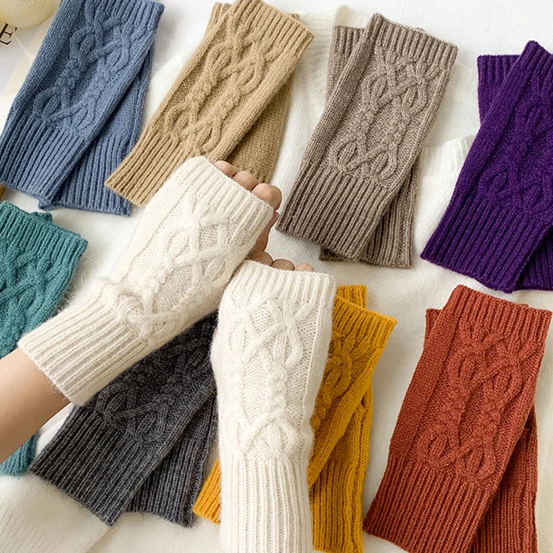 Autumn Winter Knitted Short Gloves for Women Girls Warm Wool Fingerless Wrist Gloves Arm Sleeves Hand Warmers Soft Mitten