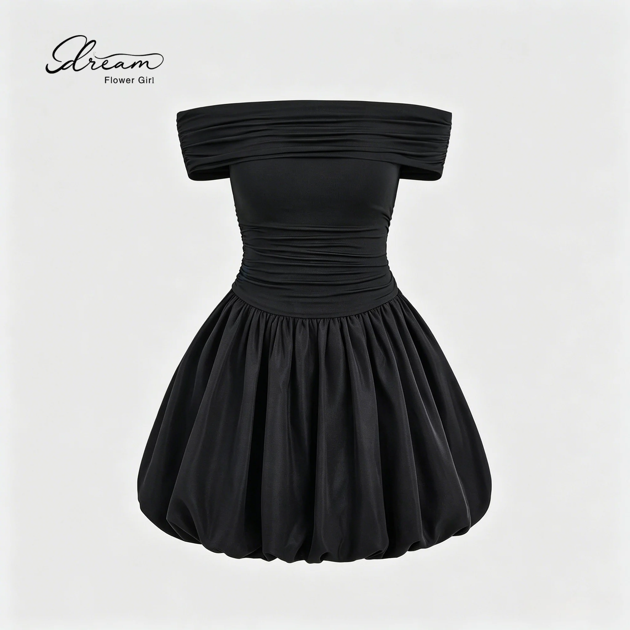 Black off-the-shoulder strapless knee-length formal party dress for girls featuring a draped voluminous skirt
